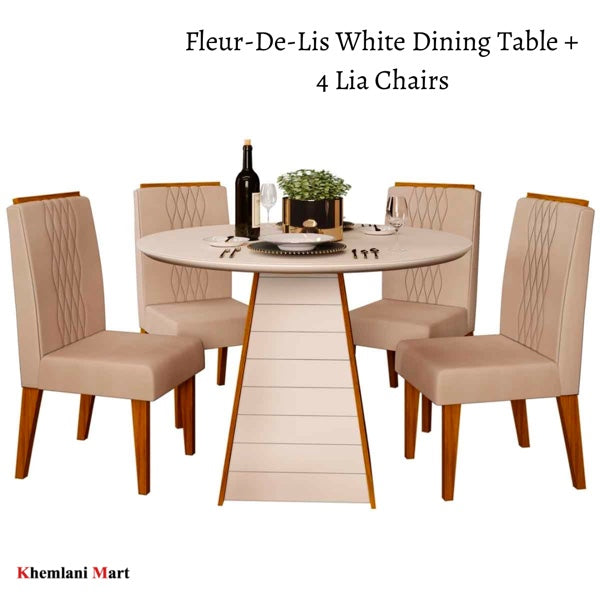 Fleur-De-Lis White Round Dining Table + 4 Lia Chairs