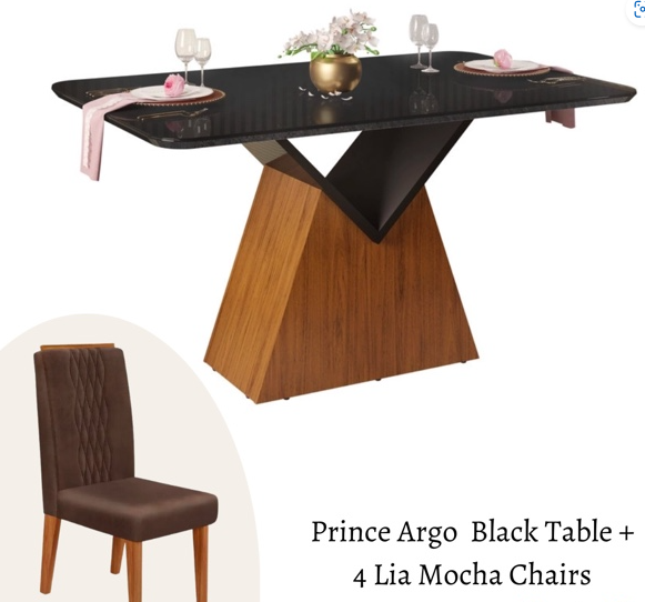 Prince Argo Black Dining Table + 4 Lia Mocha Chairs