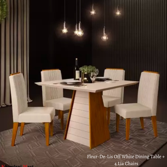 Fleur-De-Lis Square Dining Off White Square Table + 4 Lia Chairs
