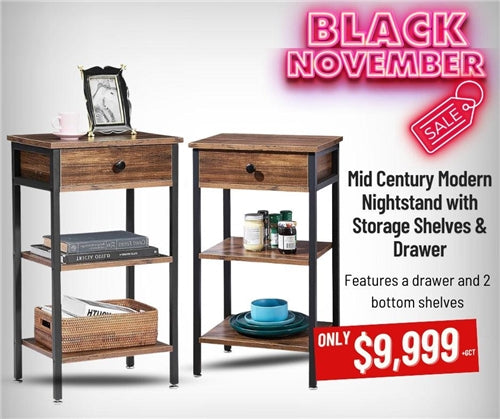 Mid Century Modern Nightstand with storage shelf and draws