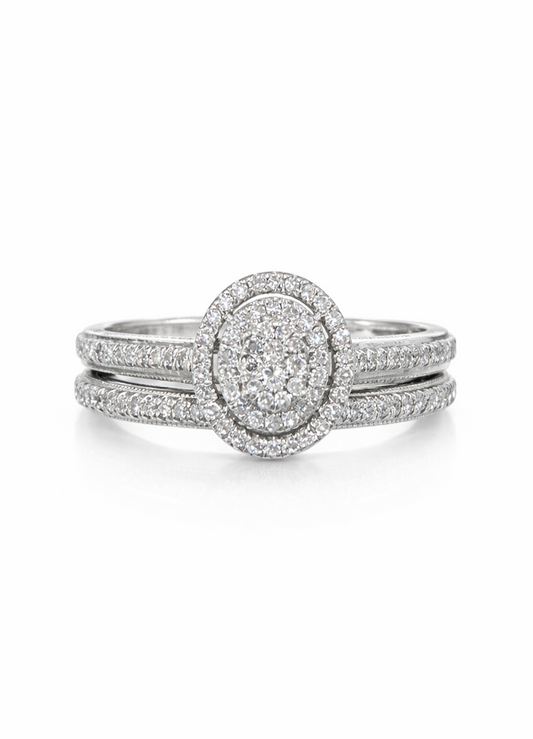 White Gold and Diamond Oval Halo Ring Set