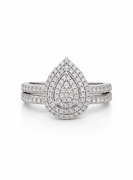 White Gold and Diamond Pear Halo Ring Set