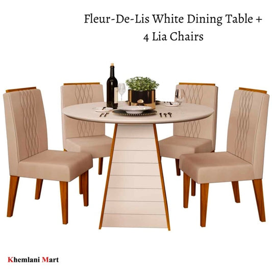 Fleur-De-Lis White Round Dining Table + 4 Lia Chairs