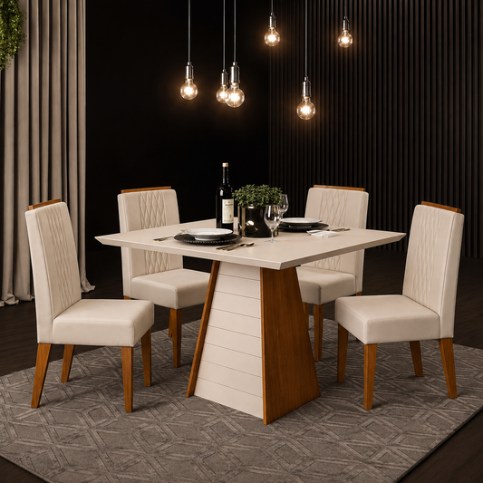 Fleur-De-Lis Square Dining Off White Square Table + 4 Lia Chairs