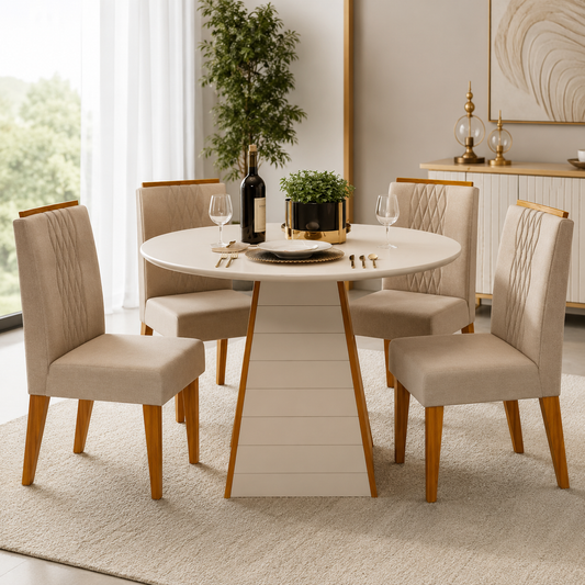Fleur-De-Lis White Round Dining Table + 4 Lia Chairs