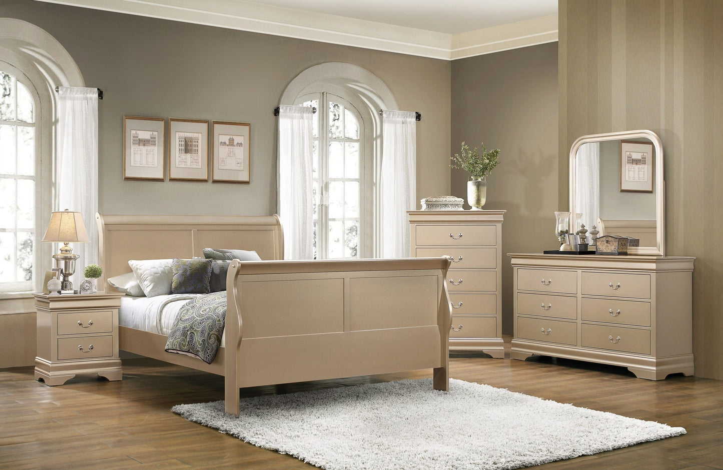 Louis Phillipe Gold Bedframe, Dresser, Mirror - Queen Size